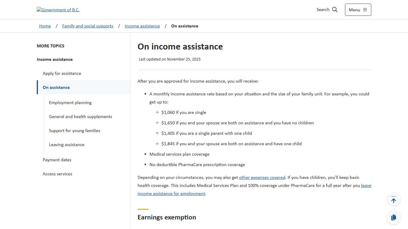 On income assistance - Province of British Columbia
