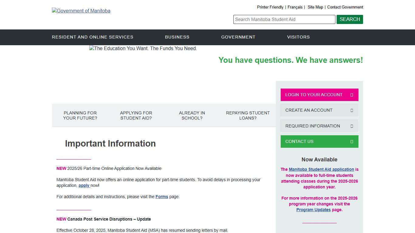 Manitoba Student Aid Province of Manitoba